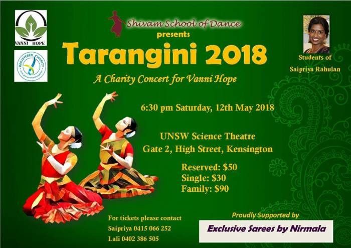 Tarangini 2018 in Sydney, 12th MayEvent DetailsVenue: UNSW Science UNSW, Anzac Parade,, Kensington, New South Wales 2052Time: 6:30 PM - 9 PMfb page https://www.facebook.com/events/149034185762439/tickets  and more info http://kaverikalamandram-vannihope.org/
