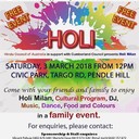 Organized By : Hindu Council AustraliaDate : 03-Mar-2018Time : 12:00 PM to 05:00 PMVenue : Civic Park, Targo Rd, Pendle Hill NSW PENDLE HILLAddress : Civic Park, Targo Rd, Pendle Hill NSWWebsite : https://www.facebook.com/events/175164516546192/Come and celebrate the colours of Holi with Family and friends.Free entry, cultural programs, DJ, food and colors.