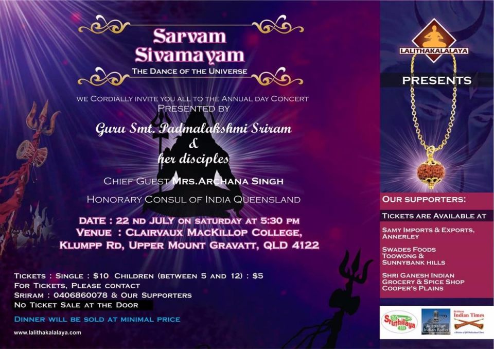 Big event today in QLD. Indian classical dance event by  Lalitha Kalalaya School of Bharatanatyam<br />Venue : Clairvaux MacKillop College MOUNT GRAVATT<br />Address : Klumpp Rd, Upper Mount Gravatt 4122 QLD<br />Email : padmadance@lalithakalalaya.com<br />Website : http://www.lalithakalalaya.com/