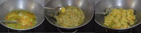 Ravva Kichidi:<br />How to make Rava Khichdi/Kichadi<br /><br />Prep time - under 15 mins<br />Cook time - under 20 mins<br />Serves - 2<br /><br />Ingredients needed <br /><br />Rava/Sooji/Semolina -1 cup <br />Onion - 3/4 cup finely chopped<br />Ginger - 1 tsp finely chopped <br />Green chillies -2 slit<br />Vegetables - 3/4 cup ( mix of beans, carrot, peas and 1/2 a tomato)<br />Turmeric powder - 1/4 tsp<br />Water - 3 cups<br />For topping up - 1 tsp ghee<br />For roasting - 1 tsp ghee<br /><br />For the seasoning <br /><br />Oil - 2 tbsp + Ghee - 1 tbsp<br />Mustard seeds - 1 tsp <br />Bengal gram/ kadalai paruppu- 2 tsp <br />Urad dal -1 tsp <br />Curry leaves - few <br /><br />Rava Khichdi preparation<br /><br />Roast rava in a tsp of ghee until you get a nice aroma of roasted rava. Skip this step if you have bought roasted rava.<br /><br />Chop all the vegetables finely. Slit green chillies and keep it ready.<br /><br />Method<br /><br />Heat ghee+oil in a pan/kadai, add bengal gram, when it changes colour slightly, add mustard seeds, urad dal and curry leaves.<br /><br />When urad dal turns golden brown, add finely chopped onions, slit chillies and ginger.<br /><br />Saute until onions turn transparent. Then add all the finely chopped vegetables and turmeric powder. Look how colorful it is.(picture below)<br /><br />Saute and cook the vegetables for 2-3 minutes. Do not over cook the vegetables as it will get cooked along with the rava.<br /><br />Now add 3 cups of hot water and salt needed. You can taste the water and check for salt. If it is slightly salty, it will be perfect after adding rava.